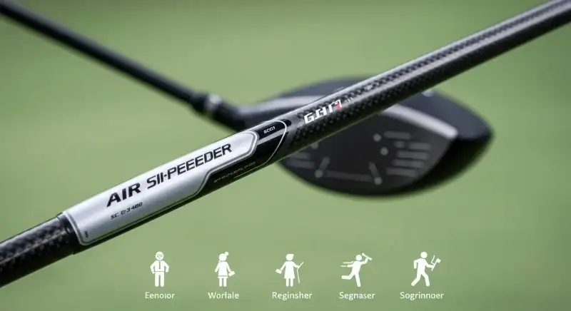 タイトリスト GT1 ドライバー × Air Speederシャフトの実力は?徹底レビュー! 17 エアスピーダーシャフトを主役に、背景にGT1ドライバーを配置。シニアや女性、初心者、スイングがゆったりしたゴルファー向けを象徴するシルエット付きのイメージ
