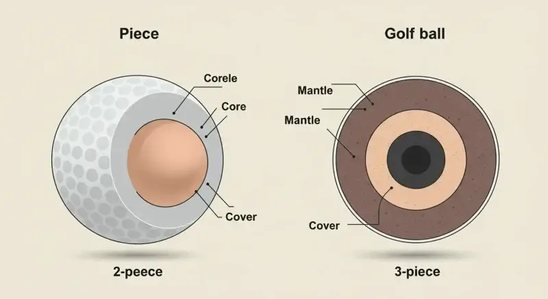 飛距離が出るゴルフボールの選び方 4 2ピースと3ピースの構造の違いを示した抽象的な断面イラスト