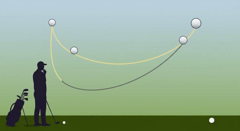 飛距離が出るゴルフボールの選び方 3 複数のゴルフボールから飛距離重視で選ぼうとするゴルファーの抽象的なイラスト