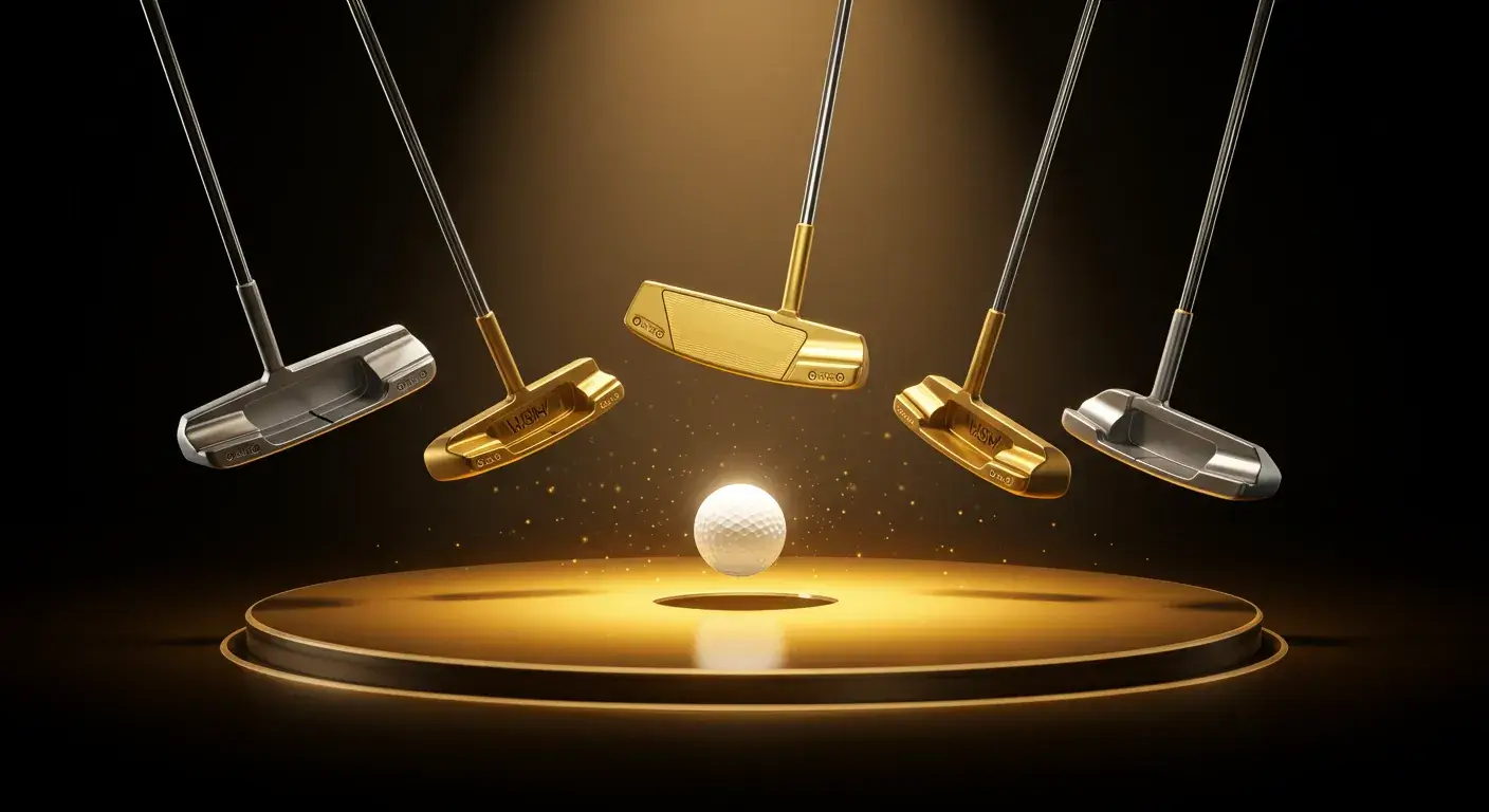 特定商取引法に基づく表記 9 センターシャフト名器パターTOP5をランキング形式で並べ、頂点のモデルを強調した抽象的アイキャッチイラスト