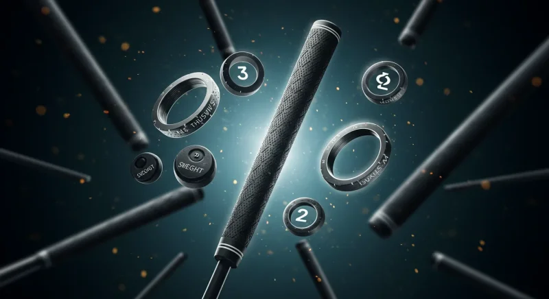 【2025年版】ゴルフグリップ人気ブランド徹底比較!飛距離が変わる“執念”の選び方 6 多数のグリップの中から一本だけが光を帯び、太さ調整や重量の象徴アイコンが浮かぶ“最適な相棒”の選択を描いた漫画風イラスト。