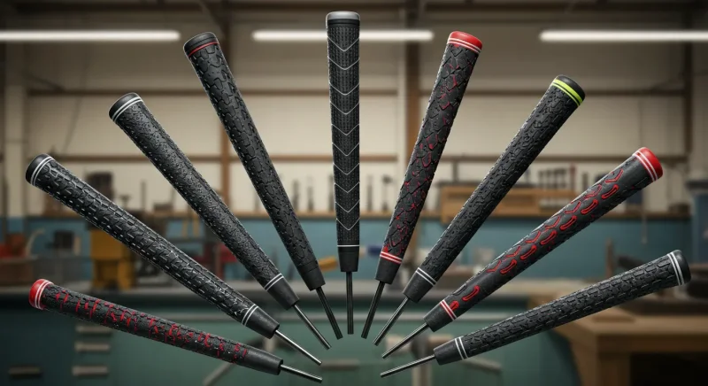 【ゴルフグリップ交換完全ガイド】費用・持ち込みは?プロのコツとDIY手順を”執念”で解説! 12 複数の種類と色のゴルフグリップが斜め配置や扇形配置で並び、比較の雰囲気を持つ漫画風イラスト。ロゴなしで質感や形状の違いがわかる。