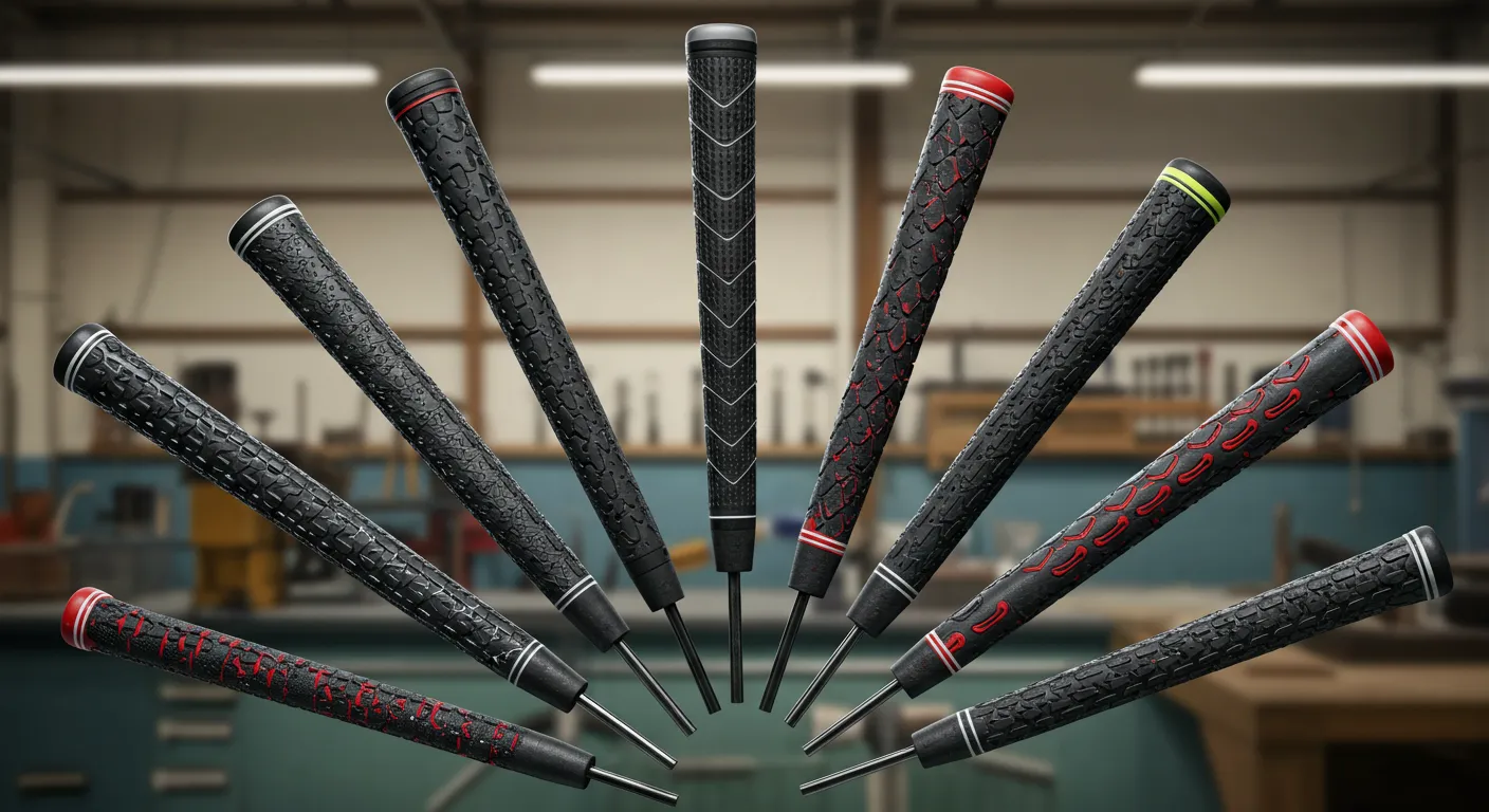 複数の種類と色のゴルフグリップが斜め配置や扇形配置で並び、比較の雰囲気を持つ漫画風イラスト。ロゴなしで質感や形状の違いがわかる。