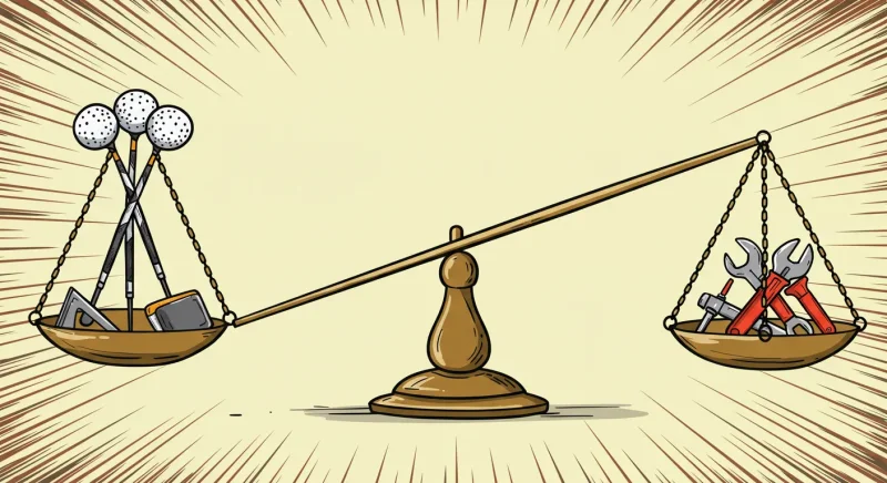 【ゴルフグリップ交換完全ガイド】費用・持ち込みは?プロのコツとDIY手順を”執念”で解説! 7 グリップと工具が天秤に乗せられ、輪郭のはっきりした漫画風に描かれている。店舗とDIYの費用比較を表現。