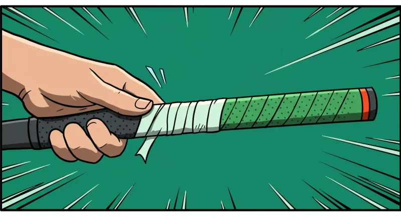 【ゴルフグリップ交換完全ガイド】費用・持ち込みは?プロのコツとDIY手順を”執念”で解説! 8 グリップにテープを巻く様子を漫画風に描いた抽象イラスト。DIYの楽しさとテクニックを表現。