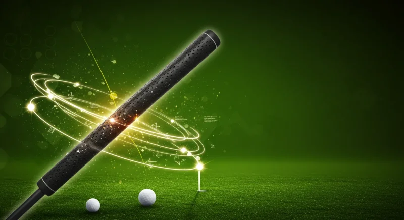 【ゴルフグリップ交換完全ガイド】費用・持ち込みは?プロのコツとDIY手順を”執念”で解説! 5 ゴルフグリップを大きく中央に配置し、周囲にスイング軌道を描いたリアル寄りのイラスト風デザイン。背景はゴルフ場をほのかに想起させる。