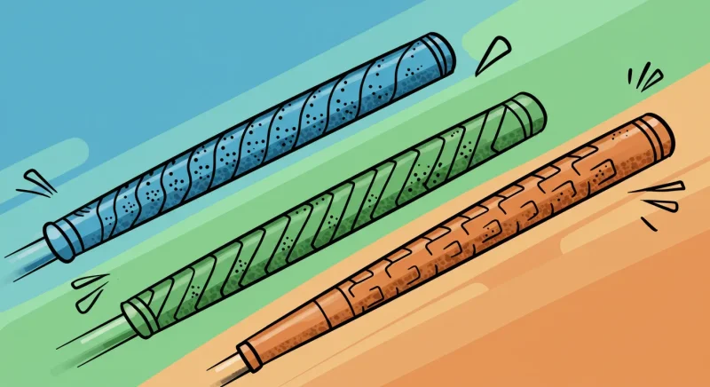 【ゴルフグリップ交換完全ガイド】費用・持ち込みは?プロのコツとDIY手順を”執念”で解説! 6 太さや質感の異なるグリップが3本並び、漫画風タッチで描かれている。爽やかで選択肢の多さを強調したイラスト。