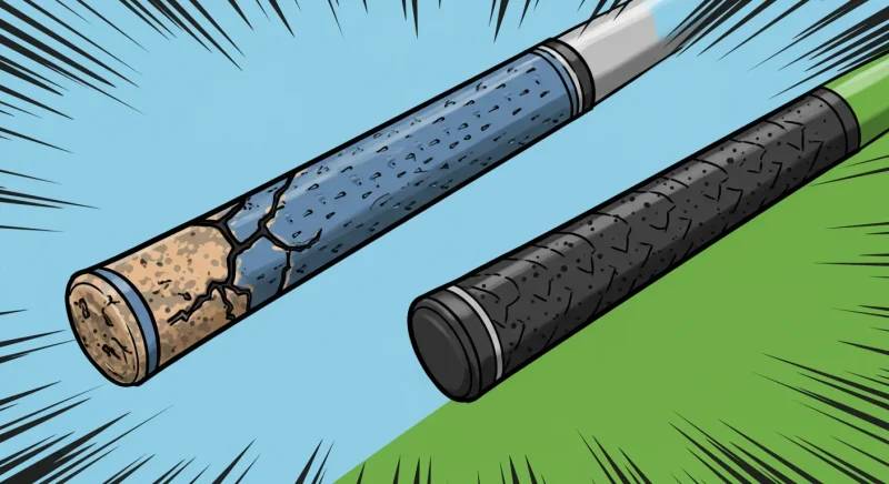 【ゴルフグリップ交換完全ガイド】費用・持ち込みは?プロのコツとDIY手順を”執念”で解説! 3 古いグリップと新しいグリップが対比され、輪郭の強い漫画風に描かれている。交換時期の重要性を表現。