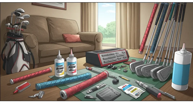 【ゴルフグリップ交換完全ガイド】費用・持ち込みは?プロのコツとDIY手順を”執念”で解説! 9 自宅の工房のようにゴルフクラブ、交換用グリップ、接着剤、工具が並んだ様子を漫画風に描いたイラスト。鮮やかで少しコミカルなタッチ。