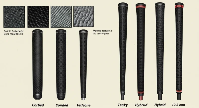 【2025年版】ゴルフグリップ人気ブランド徹底比較!飛距離が変わる“執念”の選び方 5 コード系、タッキー系、ハイブリッド系の3種類のゴルフグリップを、実際の長さに近いスリムで細長い形で描いた漫画風イラスト。表面の質感を拡大で示し、比較できるよう横並びに配置している。