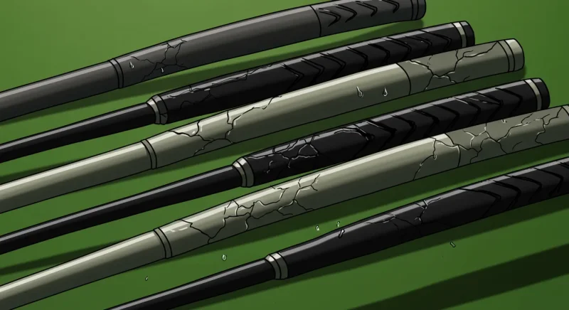 【2025年版】ゴルフグリップ人気ブランド徹底比較!飛距離が変わる“執念”の選び方 4 光沢のある良品グリップの列に対し、影になった劣化・滑りやすさを示すシルエットを対比させた、注意喚起の抽象的な漫画風イラスト。