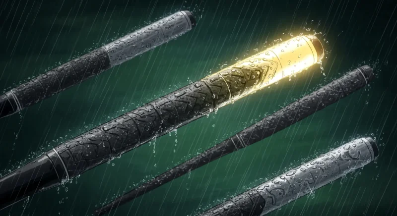 【ゴルフグリップ交換完全ガイド】費用・持ち込みは?プロのコツとDIY手順を”執念”で解説! 11 「雨が降る中で複数のゴルフグリップが濡れて滑りそうになる中、1本だけが輝いてしっかり握れる様子を漫画風に描いたイラスト。