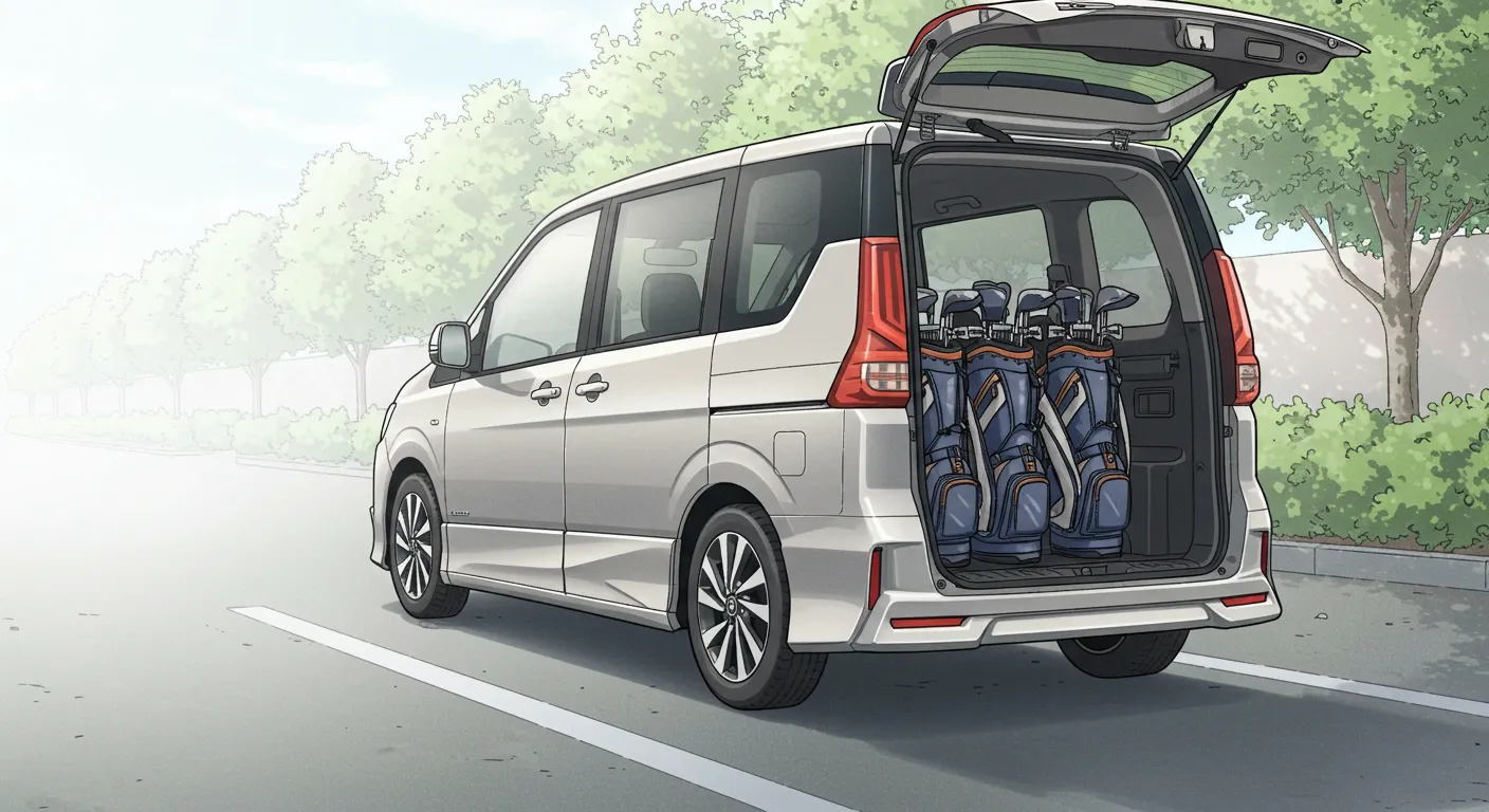 Site Map 5 新型セレナ風のミニバンが朝の駐車場でテールゲートを開け、複数のゴルフバッグをきれいに積載している漫画風イラスト。