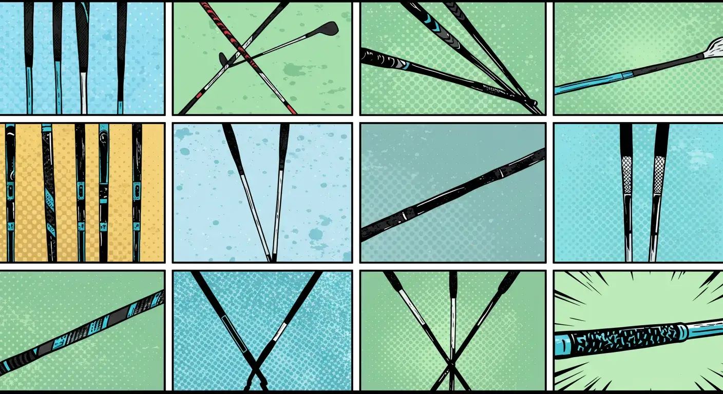 【ゴルフグリップ交換完全ガイド】費用・持ち込みは?プロのコツとDIY手順を”執念”で解説! 1 網点の質感や線の太さを変えた複数のグリップシルエットを格子状に配置。余白多めでモダン&爽やかな漫画風。