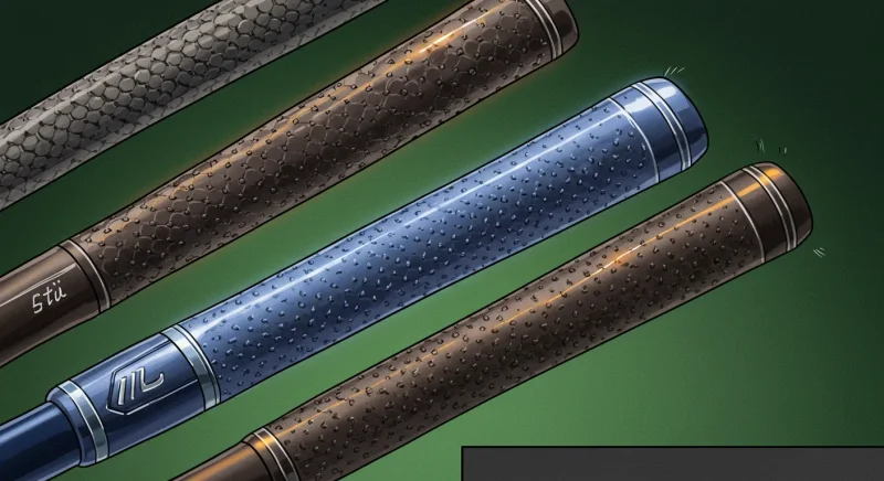 【2025年版】ゴルフグリップ人気ブランド徹底比較!飛距離が変わる“執念”の選び方 3 タッキー、コード、微細パターンなど異なる質感のグリップを接触面のクローズアップで描き、エネルギー伝達の向上を象徴する漫画風イラスト。