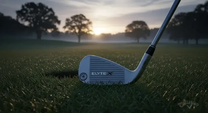 ショット後、芝に置かれたキャロウェイ ELYTE X アイアンを落ち着いた光で描いたリアルなシーン。オートマチック性能の裏にある課題を示唆する静かな雰囲気。ロゴは画像端に配置。