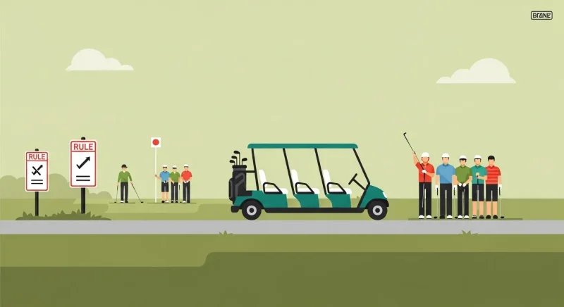 カート道沿いのフラットなサイドビュー。判読不能な記号だけの看板、特定できない5人乗りカートの形、手前のティーで待機する5人組と前方でプレーする別グループを配置し、進行管理を示唆。統一色調。ロゴは右上端の空の余白に極小で。