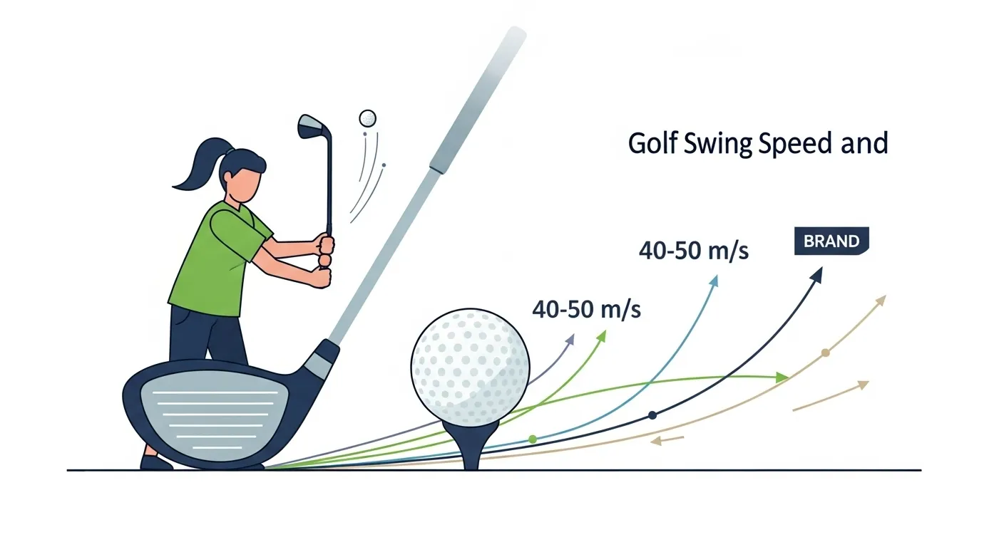 ゴルフのスイングスピードと飛距離の関係を表現したフラットデザインのイラスト。ドライバー、ゴルフボール、スイング軌道や飛距離曲線などをシンプルなベクタースタイルで描いた構成。落ち着いた緑や青系の色調で統一し、画像端にブランドロゴを小さく配置。