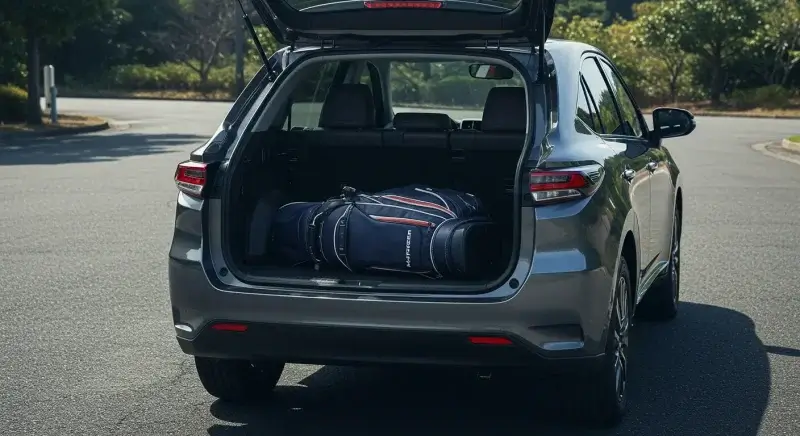 ハリアーのリアビュー。開いた荷室に見えるゴルフバッグが実用性とデザイン性のバランスを示す。画像端に小さくロゴ。