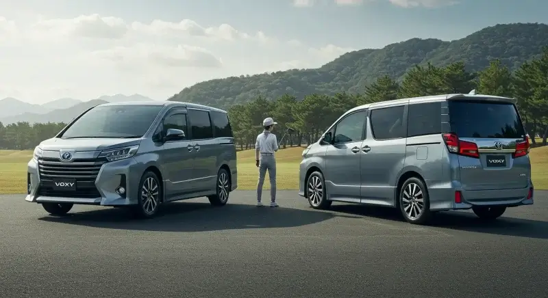 ゴルフ場の駐車場で並ぶ90系テイストのヴォクシーとアルファード。ゴルファー目線の積載性の違いを穏やかに示唆。中景、クールトーン、文字なし。ロゴは画像端に小さく1箇所。